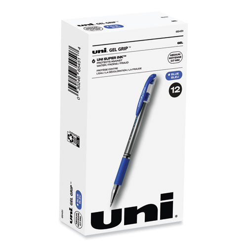 Signo GRIP Gel Pen, Stick, Medium 0.7 mm, Blue Ink, Silver/Blue Barrel, Dozen-(UBC65451)