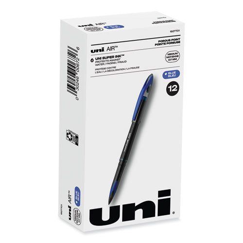 AIR Porous Roller Ball Pen, Stick, Medium 0.7 mm, Blue Ink, Black Barrel, Dozen-(UBC1927701)