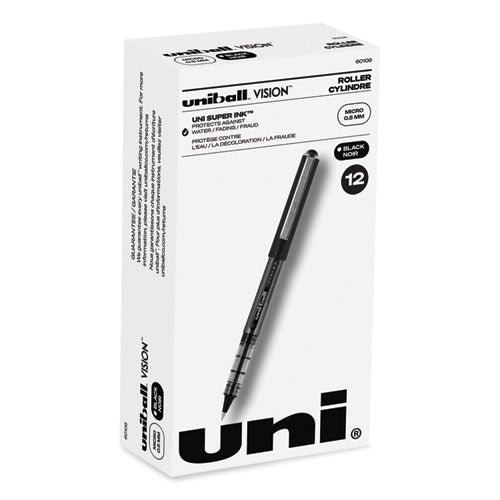 VISION Roller Ball Pen, Stick, Micro 0.5 mm, Black Ink, Black/Gray Barrel, Dozen-(UBC60106)