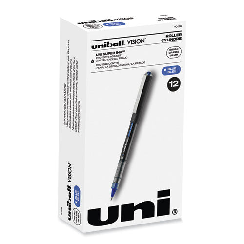 VISION Roller Ball Pen, Stick, Bold 1 mm, Blue Ink, Black/Blue Barrel, Dozen-(UBC70129)