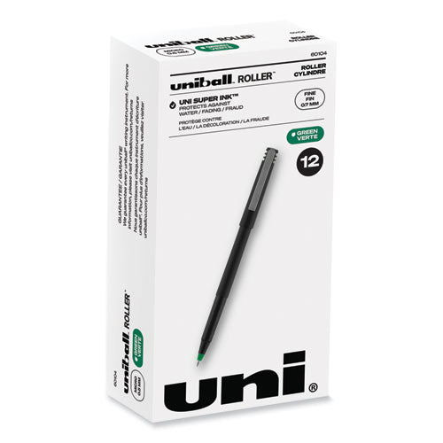 Roller Ball Pen, Stick, Fine 0.7 mm, Green Ink, Black Matte Barrel, Dozen-(UBC60104)