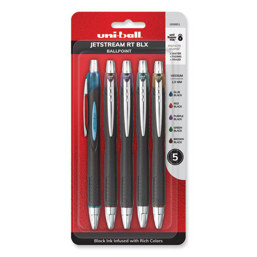Jetstream Retractable Ballpoint Pen, 1 mm, Assorted Ink, Black Barrel, 5/Pack-(UBC1858851)