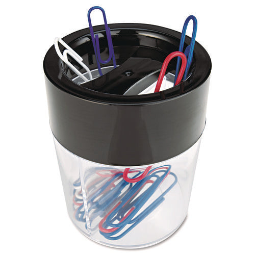 Round Magnetic Clip Dispenser, 2 Compartments, Plastic, 2.5" Diameter x 3"h, Black/Clear-(UNV08126)